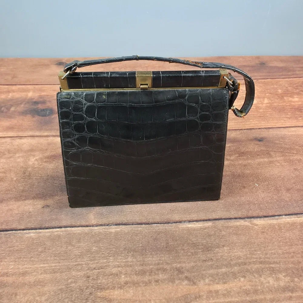 Bellestone Handbag Womens Medium Black Fair Vintage Crocodile Top Handle Bag